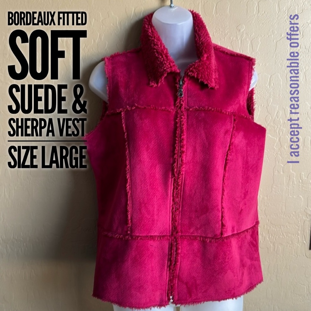 Bordeaux Suede & Sherpa Vest Christopher & Banks Burgundy Wine Large Fitted Soft